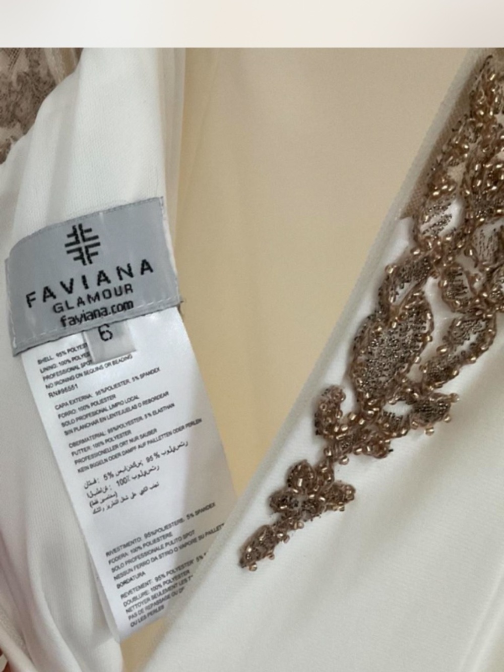 NWT Faviana Glamour S10001, ivory Rose, gold beaded gown, size 6 - Picture 4 of 5
